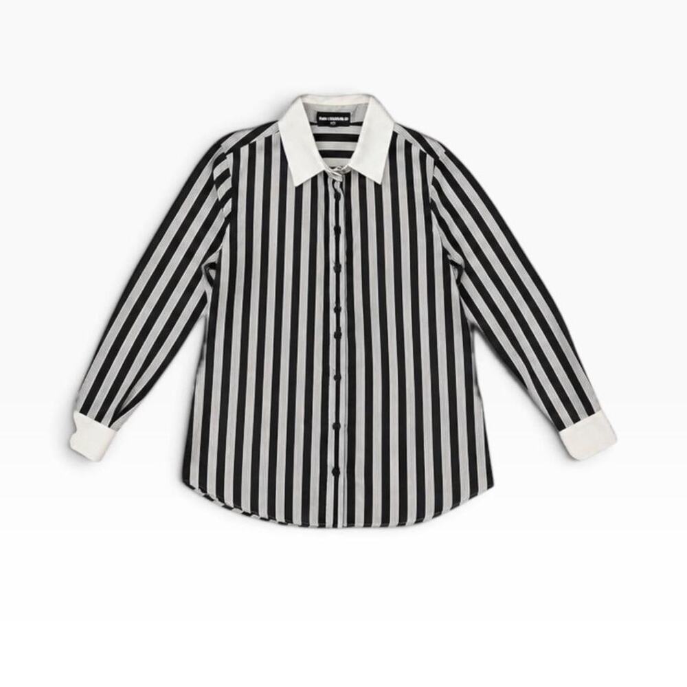 Karl Lagerfeld Paris Women’s Large Black White Striped Button-Up Shirt